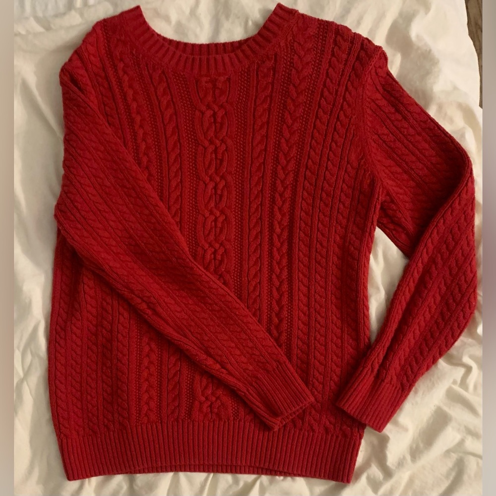 Amazon Essentials Women’s Cable Knit Sweater Crewneck Red Large Cotton
